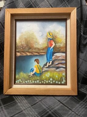 Framed Riverbank Scene Painting in Blue and Yellow
